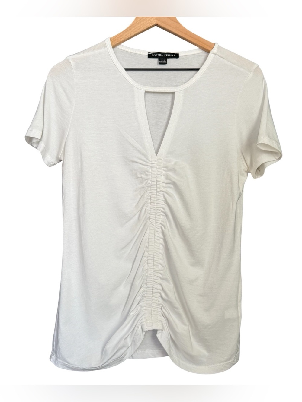 Boston Proper White Ruched Front Short Sleeve Keyhole Tee